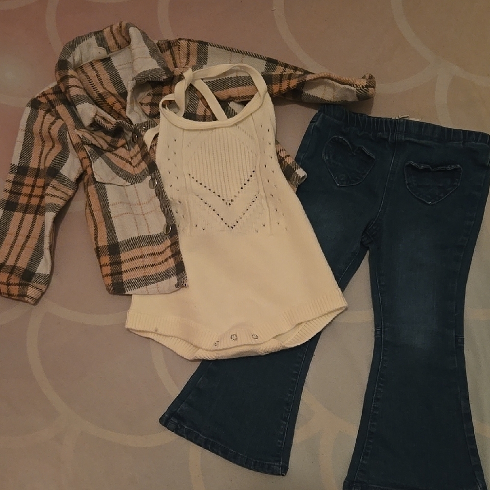 Plaid Shirt, Cream Top, and Blue Jeans Set